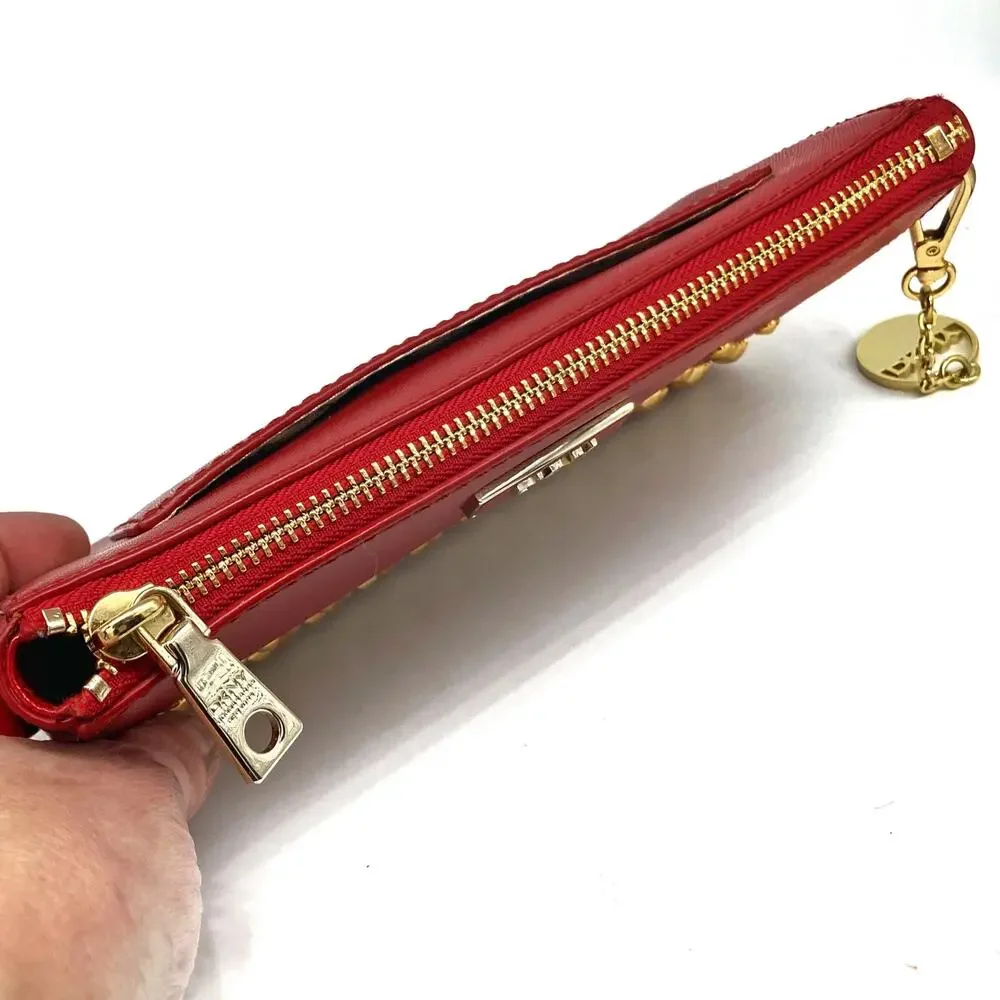 DKNY Red Saffiano Leather Studded Crossbody Clutch, Gold Hardware & Charm NWOT